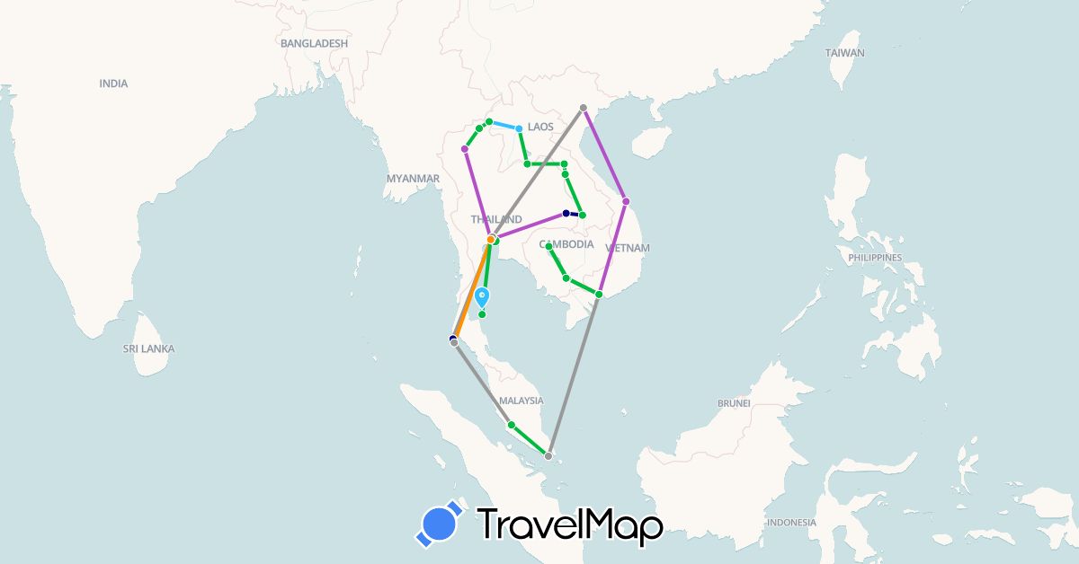 TravelMap itinerary: driving, bus, plane, train, boat, hitchhiking in Cambodia, Laos, Malaysia, Singapore, Thailand, Vietnam (Asia)